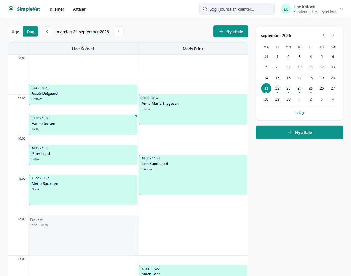 Dagens kalender i SimpleVet med klinikkens aftaler, dyr og behandlinger
