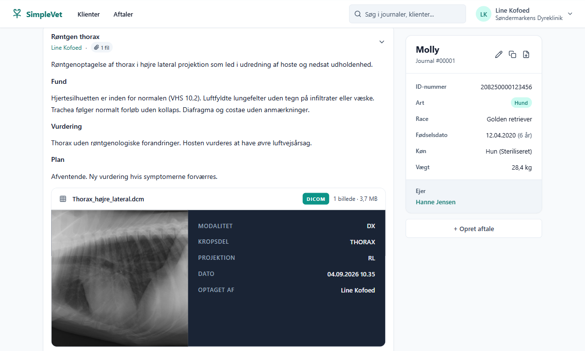 Røntgenbillede i DICOM-format vist direkte på en journalpost i SimpleVet